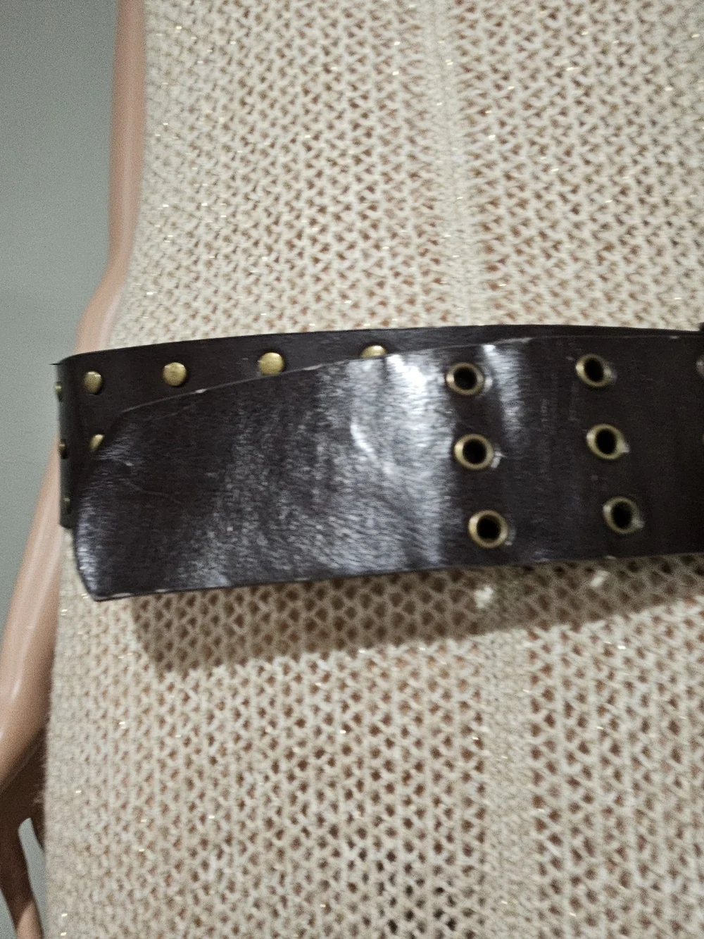 Vintage Wide Brown Leather Grommet Studded Belt Double Prong Waist Belt